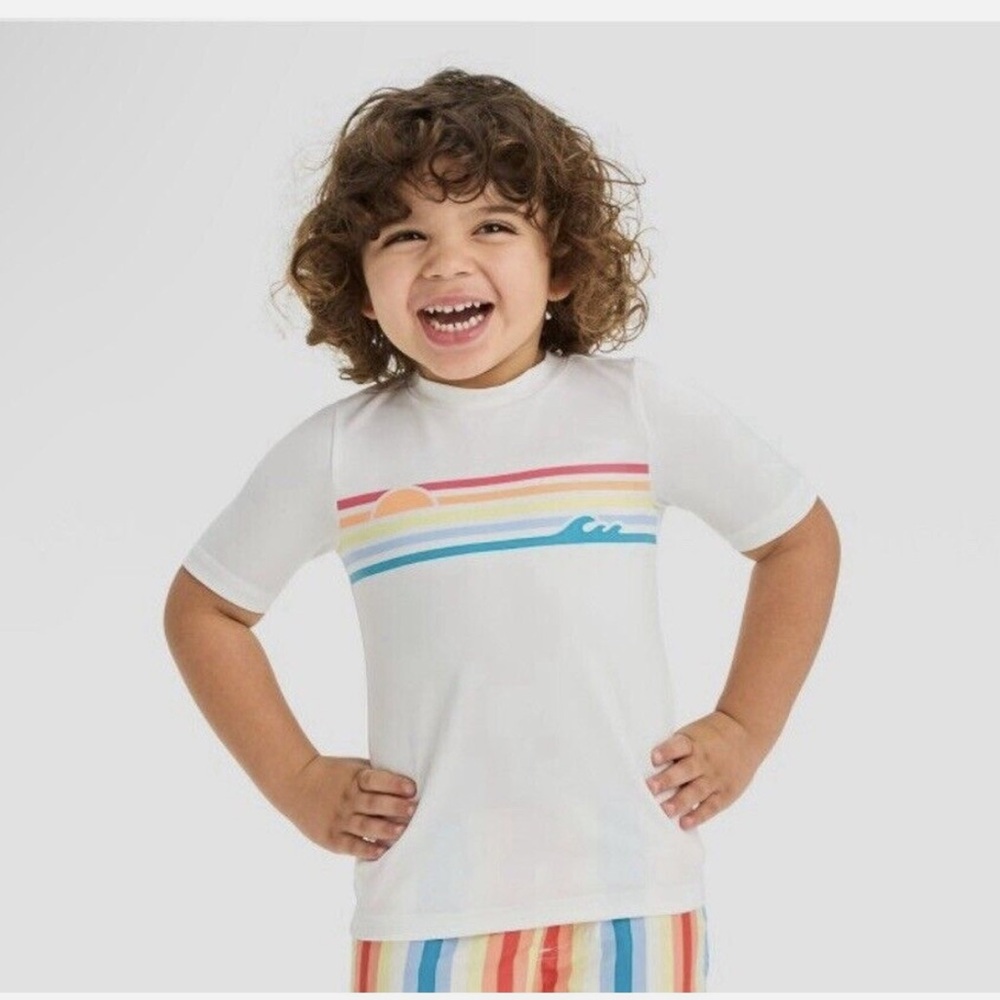 🌈🤿Cat & Jack White Rashguard with Colorful Stripes With HAT!